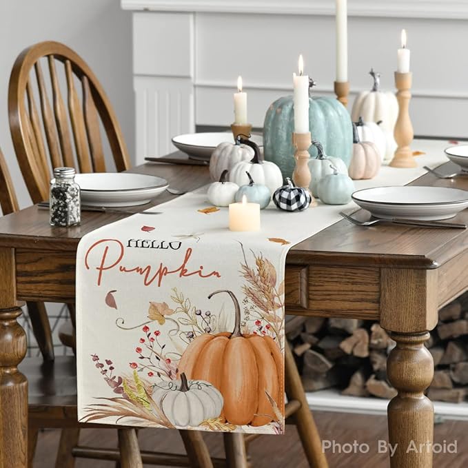Artoid Mode Hello Pumpkin Flowers Leaves Thanksgiving Table Runner, Seasonal Fall Harvest Vintage Kitchen Dining Table Decoration for Indoor Outdoor Home Party Decor 13 x 36 Inch