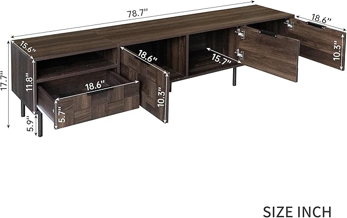 Modern TV Stand for TVs up to 85", Mid-Century Media Console with Checkered Cabinet Doors, Storage Drawers & Open Shelves, Wood Entertainment Center with Metal Legs