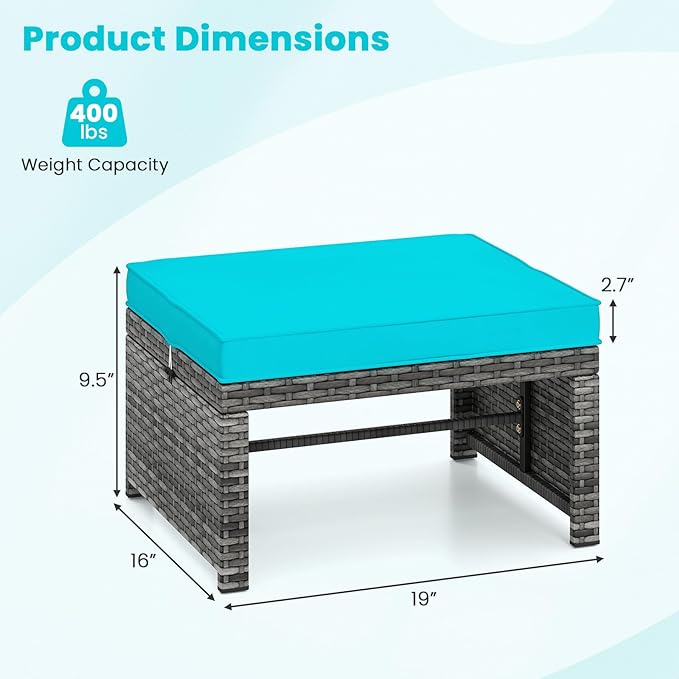 Tangkula 2 Pieces Patio PE Rattan Ottomans, Multipurpose Outdoor Footstool Footrest Additional Seating Side Table with Soft Zippered Cushions for Deck, Garden, and Yard (Turquoise)