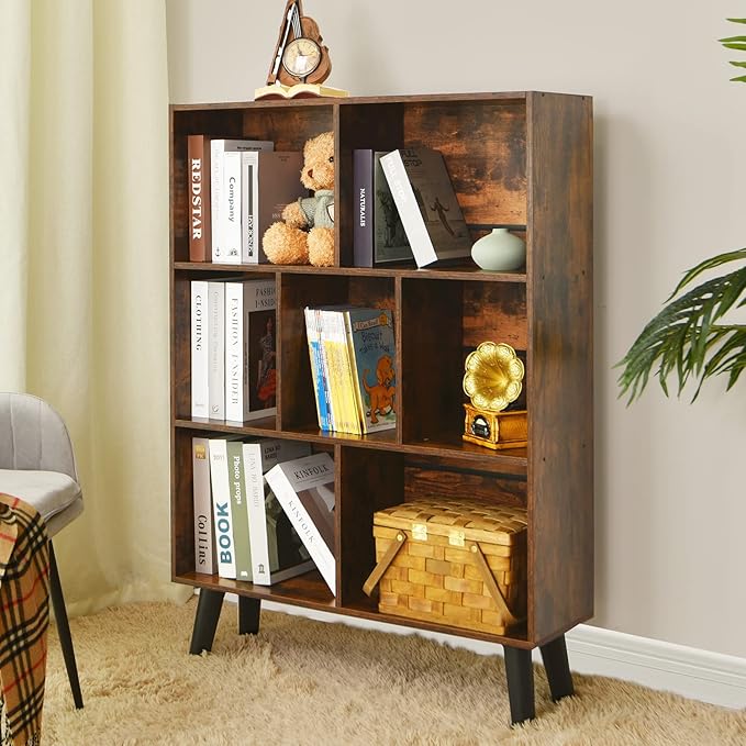 LEYAOYAO Cube Bookshelf 3 Tier Mid-Century Rustic Brown Modern Bookcase with Legs,Retro Wood Bookshelves Storage Organizer Shelf,Freestanding Open Book Shelves for Bedroom,Living Room,Office