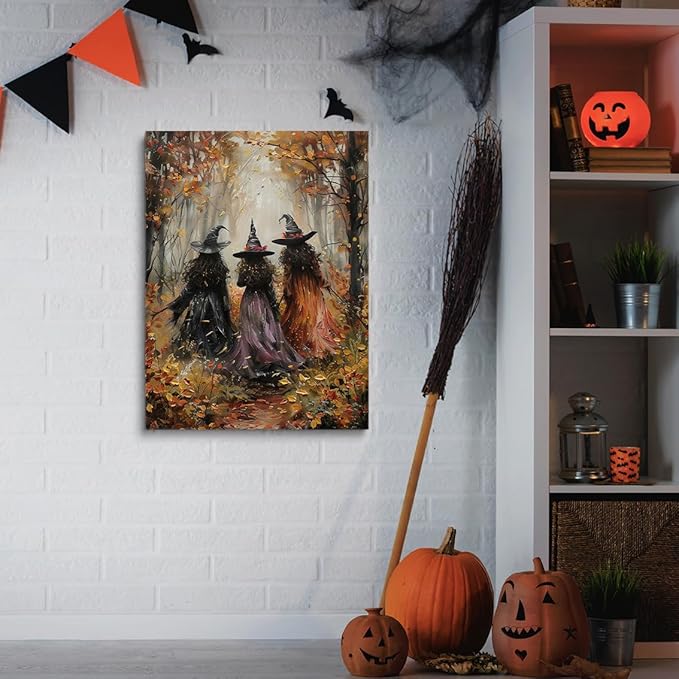 Vintage Three Witches In The Forest Painting Witch Print Witchy Canvas Print Halloween Wall Art Halloween Decor Witch Poster Dark Academia Gothic Room Decor for Bedroom 24x36in Large Frame Wall Art