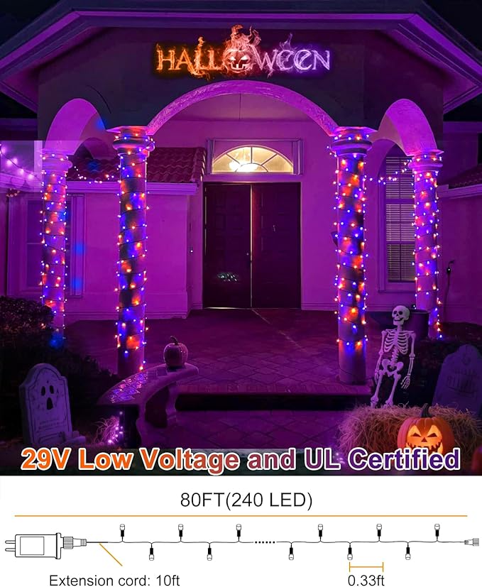 80FT 240 LED Halloween Lights Outdoor, Purple Orange String Lights for Outside with Waterproof 8 Modes, Green Wire Twinkle Tree Light for Indoor Bedroom Patio Garden Party Holiday Decorations