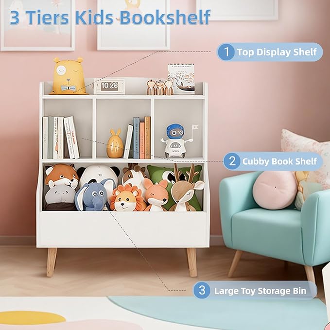 Kids Bookshelf and Toy Storage, 4-Cubby Toy Storage Organizer with Bookcase, Wood Kid Storage Cubby, 24"L x 14"D x 28"H Montessori Toy Shelf, Toddler Book Shelf for Kids Room Nursery Playroom