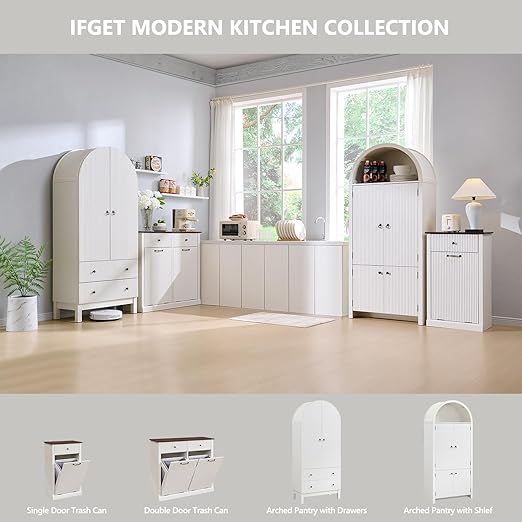 Modern Tilt-Out Trash Can Cabinet, 10 Gallon Fluted Laundry Hamper Cabinet with Drawers, Wooden Hidden Garbage Can Cabinets with Storage Basket, Free Standing for Kitchen and Living Room, White