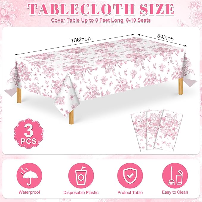 3 Pack Pink Floral Plastic Tablecloths, 54 X 108Inch Tea Party Tablecloth Disposable Vintage Table Cloths Pink and White Porcelain Tables Decor for Birthday Garden Wedding Tea Party Supplies