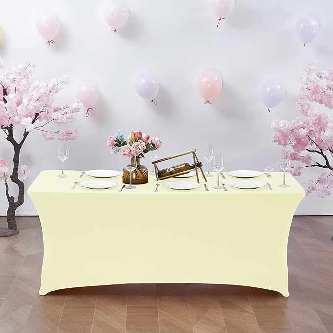 CWK 6FT Waterproof Stretch Spandex Table Cover for Rectangular Tables - Elastic Fitted Tablecloth for Folding Tables,Wrinkle Resistant Table Cloth for Parties, Weddings, Banquets & Events (Beige)