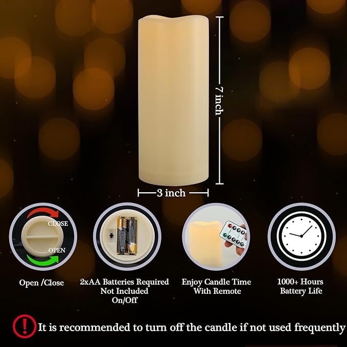 3" x 7" Outdoor Flameless Candles with Remote and Timer, Battery Operated Flickering LED Flameless Pillar Candles for Wedding Home Decoration, Ivory, Plastic, 1 Pack