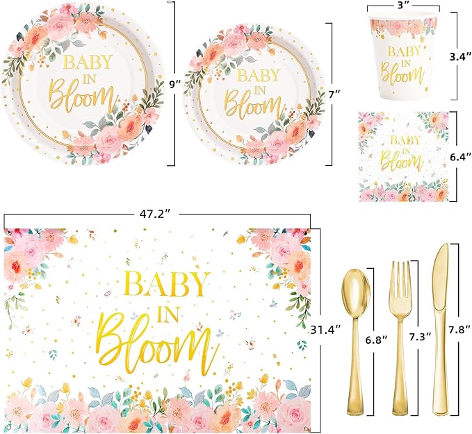 169 Pcs Baby in Bloom Baby Shower Decorations for Girl , Its a Girl Baby Shower Plates and Cups and Napkins Sets, Pink Floral Plates Serves 24, Spring Summer