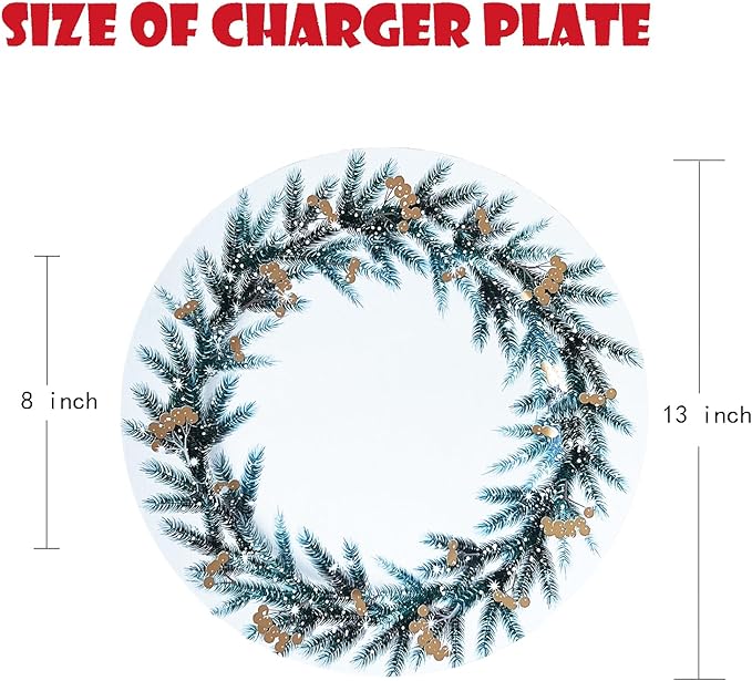 Henilosson Round 13 inch Charger plate - Christmas Wreath Design Charger - Christmas and New Year Placemat (6, white+wreath)