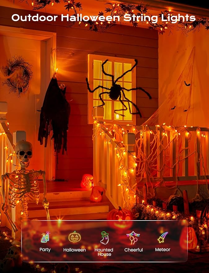 Brightown Solar Operated C6 Halloween Outdoor Lights, 22.64ft 50 LEDs Orange Halloween Lights, Strawberry LED Fairy Lights, Solar Waterproof String Light for Tree, Garden Decor Outdoor Decorations