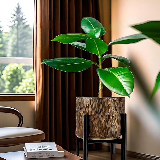 Harvest Land Plant Pots with Stand, Set of 2 Large Modern Planters Metal Tall Handmade Flower Pots with Drainage Holes Indoor Outdoor,Bronze