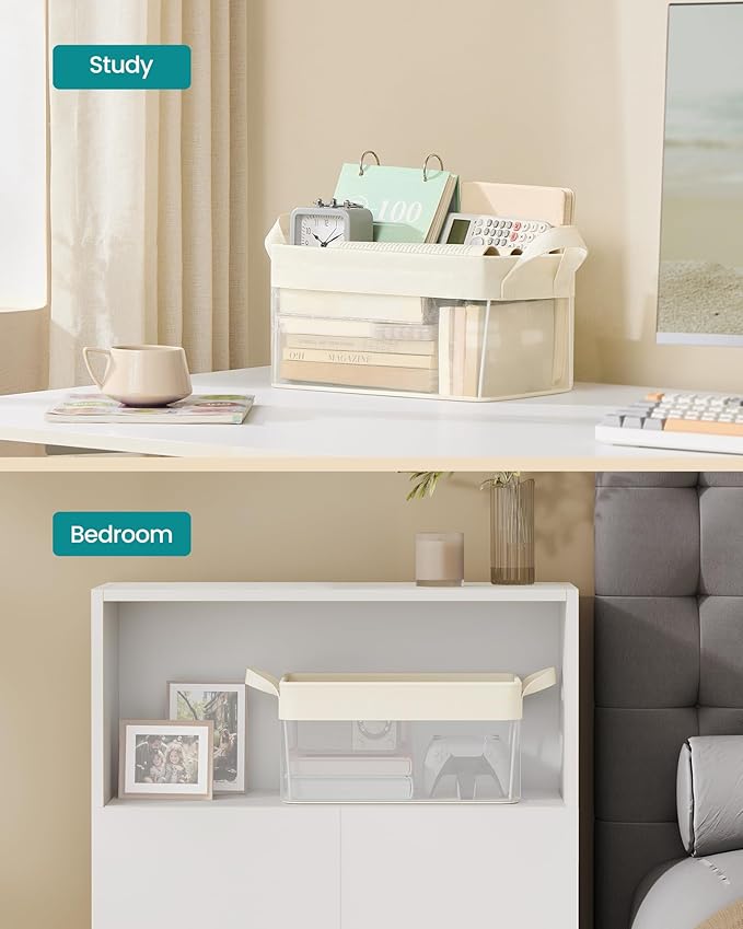 SONGMICS Storage Bins Set of 3, Small Fabric Storage Baskets, Foldable Organizer with Transparent Nylon Mesh, 11.8 x 7.9 x 5.9 Inches, Handles, for Bathroom, Kitchen, Cream White URFB915W01