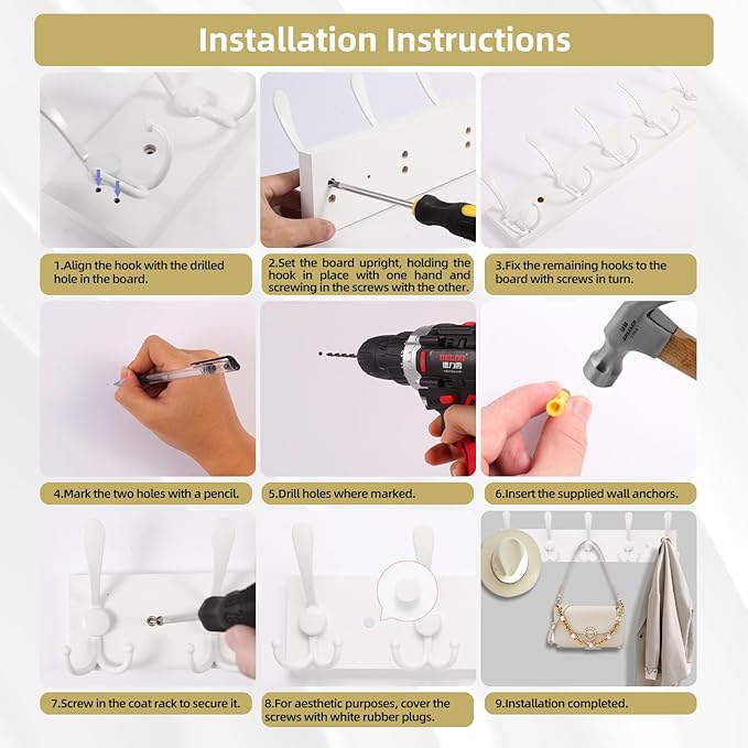 2pcs Coat Rack Wall Mount Coat Hooks Wooden Hat Rack for Wall Hooks Pine Real Wood Plank 16.9" White Coat Hanger with 5 White Triple Hooks for Hanging Coat Hat Jacket