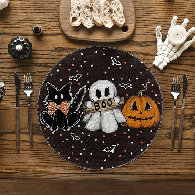 Artoid Mode Cat Ghost Pumpkins Halloween Round Placemats Set of 4, 14 Inch Table Mats for Party Kitchen Dining