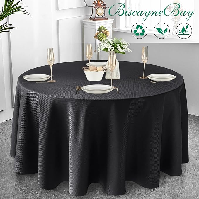 Biscaynebay Textured Fabric Round Tablecloths 90", Black Water Resistant Washable Table Cloths Circle Folding Table Covers Linen for Dining, Kitchen, Wedding & Parties, etc