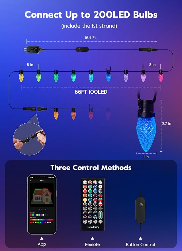 Brightown Smart C9 Christmas Lights Outdoor, 100 LED RGB C9 String Light with Remote, App Control, Music Sync, Connectable Waterproof Christmas Lights for House Tree Patio Holiday Xmas Decor