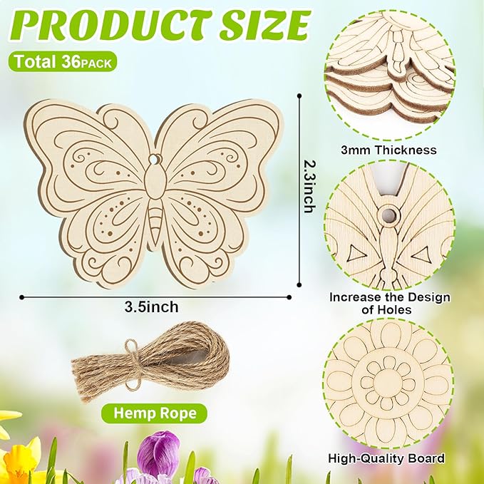 36PCS Wooden Spring Ornaments to Paint, 6 Styles DIY Blank Unfinished Wood Flower Cutouts Butterfly Ornament for Crafts Hanging Decorations, Cute Bee Flower Shape Home Decorations Gifts