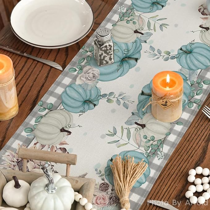 Artoid Mode Buffalo Plaid Pumpkins Leaves Fall Table Runner, Autumn Thanksgiving Kitchen Dining Table Decoration for Home Party Decor 13x72 Inch