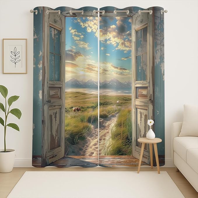 Landscape Blackout Curtains for Girls Boys Home Decor, Cow Sunset Grassland Mountain Natural Scenery Grommet Thermal Insulated Drapes Darkening Window Curtain for Bedroom Living Room, 72 x 63 Inch