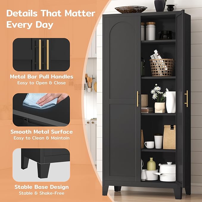 70.87" H Metal Kitchen Pantry Cabinet, Freestanding Cupboard with 2 Doors and 4 Adjustable Shelves, Tall Metal Storage Cabinet for Kitchen, Bathroom, Dinning Room or Laundry Room (Black)
