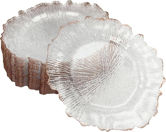 Charger Plates Set Round Embossed Dinner Plate Chargers Plastic Elegant Floral Plates for Dinner Wedding Party Event Table Kitchen Decoration 25PCS (Clear Gold 25pcs)