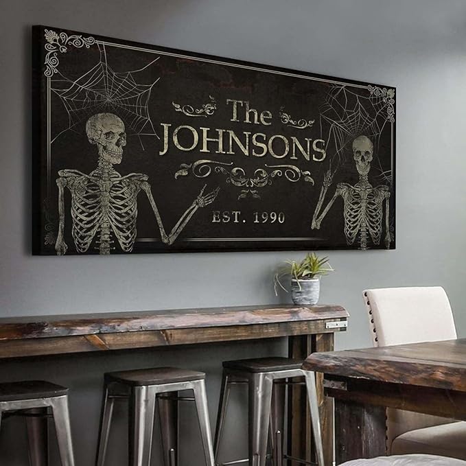 Tailored Canvases Gothic Family Wall Decor - Personalized Grunge Vintage Skeleton Room Decor for Home, Halloween Lovers, Men & Women for Bedroom, Living Room - Goth Spooky, Custom Couple Name, 48"x16"