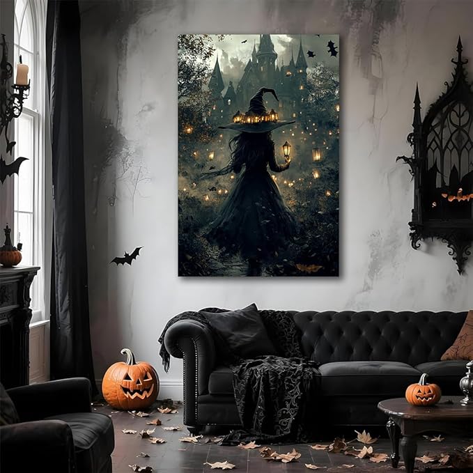 Halloween Witch and Haunted House Canvas Wall Art,Dark Academia Scary Witch Castle Posters Prints,Thriller Horror Gothic Wall Decor Pictures for Halloween Party House Decoration,16"x24" Framed