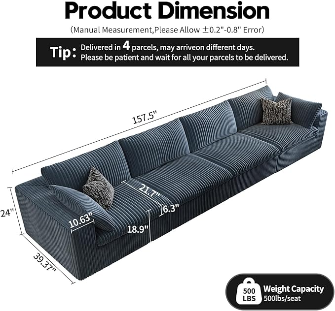 157.5" Cloud Couch Modular Sectional Sofa for Living Room,Modern Sofa with Deep Seat,4 Seater Boneless Couch,Comfy Upholstered Corduroy Couches for Apartment, Studio, Office,Bedroom,Blue