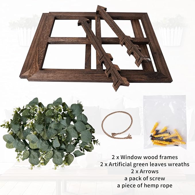Rustic Wood Window Frame with Green Wreath and Arrows Wall Decor,Farmhouse Window Frame Hanging Decor,Wooden Fake Decoration,Window Pane Wall Decor,Set of 2 (Brown)