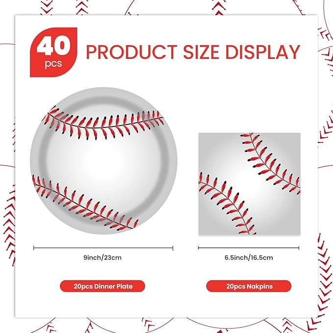 40 Pcs Baseball Party Dessert Plates and Napkins Sets 9" Paper Plates and 6.5" Napkins Party Supplies Tableware Decoration For Birthday Picnic