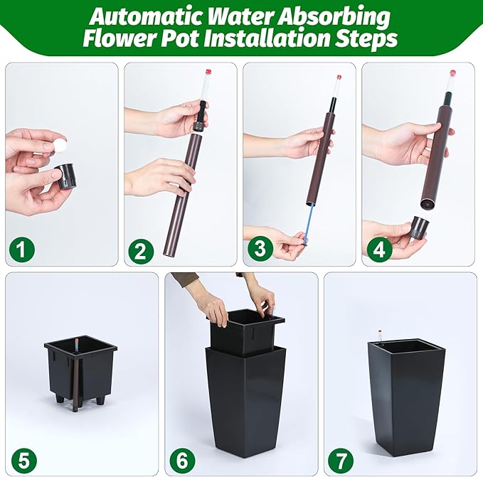 16" Tall Planters Set of 2, Outdoor&Indoor Black Planter Pots, High Front Porch Planter Pots with Drainage Holes&Water Level Monitor&Inner Bucket, Automatic Watering,Black