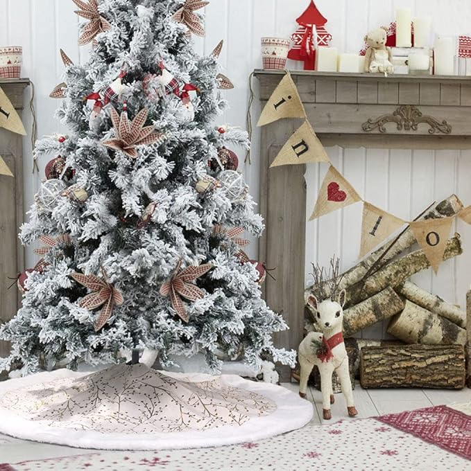 Christmas Tree Skirt, Gold White 48 Inch Faux Fur Plush Christmas Decorations Tree Base Mat Thick Velvet Rugs for Holiday Home Decor Party Xmas