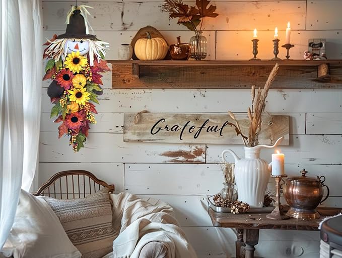24" Rustic Fall Scarecrow Teardrop Swag โ Farmhouse Sunflower & Pumpkin Wreath โ Autumn Harvest Hanging Decor for Front Door, Wall, Porch, Indoor/Outdoor