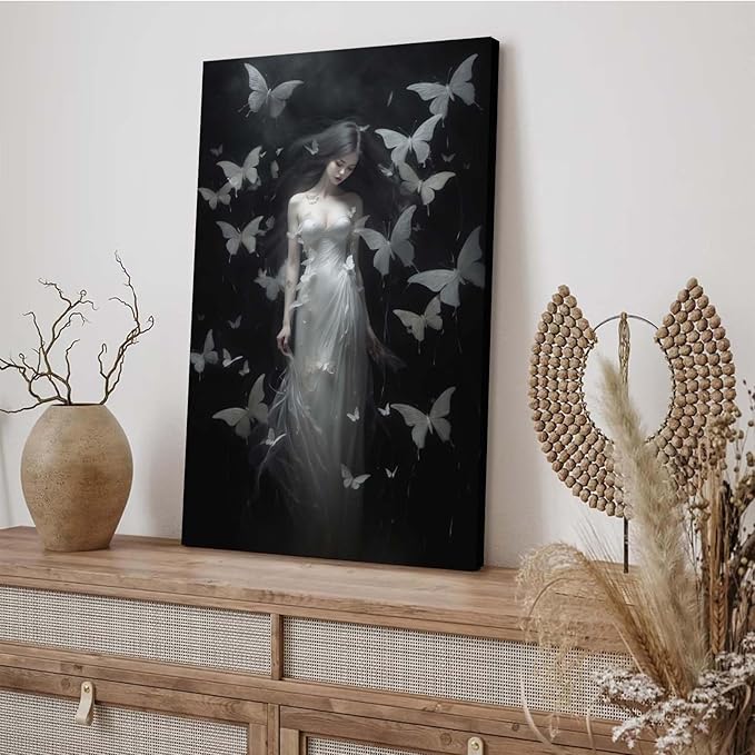 Vintage Gothic Feminine Canvas Wall Art Print Butterfly Poster Moody Female Wall Art Retro Artwork Dark College Decor for Home Bedroom20x30in Wood Framed