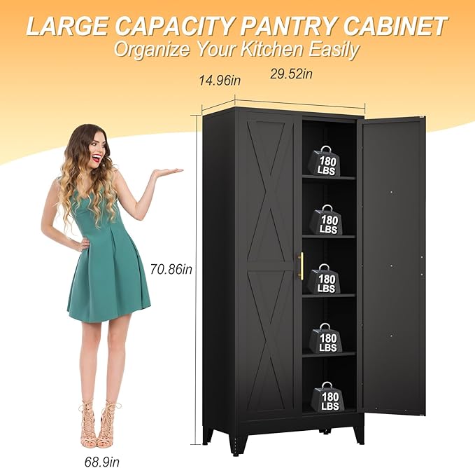 71" H Metal Kitchen Pantry Storage Cabinet, Freestanding Cupboard with 2 Doors and 4 Adjustable Shelves, Standing Storage for Kitchen, Bathroom, Garage, Dinning Room or Utility Room(Black)