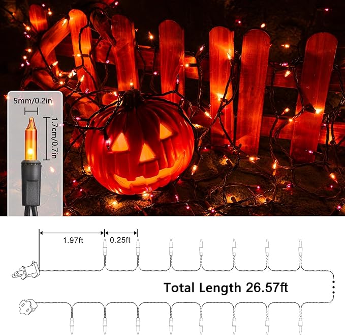 Toodour Orange & Purple Halloween Lights, 25ft 100 Count Incandescent Halloween String Lights, UL Certified Connectable Mini Bulbs String Lights for Outdoor, Indoor, Garden, Porch, Party, Home Decor