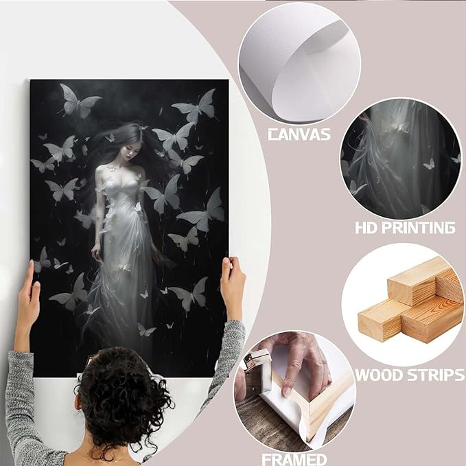 Vintage Gothic Feminine Canvas Wall Art Print Butterfly Poster Moody Female Wall Art Retro Artwork Dark College Decor for Home Bedroom12x16in Wood Framed