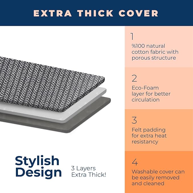 Happhom Ironing Board, Compact and Space Saver Iron Board, Safety Ironing with Park Zone and 4 Layers Extra Thick Cover, Patented Lock System for Foldable Leg, Easy Storage with Smart Hanger (13x43)