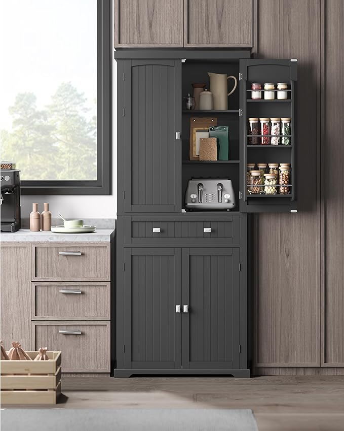 VASAGLE Pantry Cabinet, 71.7-Inch High Freestanding Tall Cupboard Storage Cabinet with a Drawer, 2 Cabinets, 4 Adjustable Shelves, 6 Door Shelves, for Living Room, Kitchen, Ink Black UBBC561B12