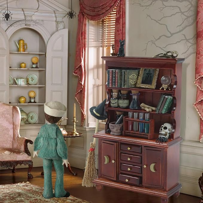 Dollhouse Miniatures 1/12 Scale Accessories, Wooden Bookshelf Furniture Set - Magic Bottle&Potion, Witch Frame and Hat, Mini Bookcase, Haunted Dollhouse Halloween Decorations for Kids Gifts
