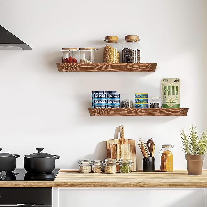 24"x6.8"x1.6" Slanted Floating Wall Shelves 2-Pack - Rustic Brown Finish, Heavy-Duty Solid Wood Design with Hidden Brackets - Perfect for Living Room, Kitchen, Bathroom, or Office