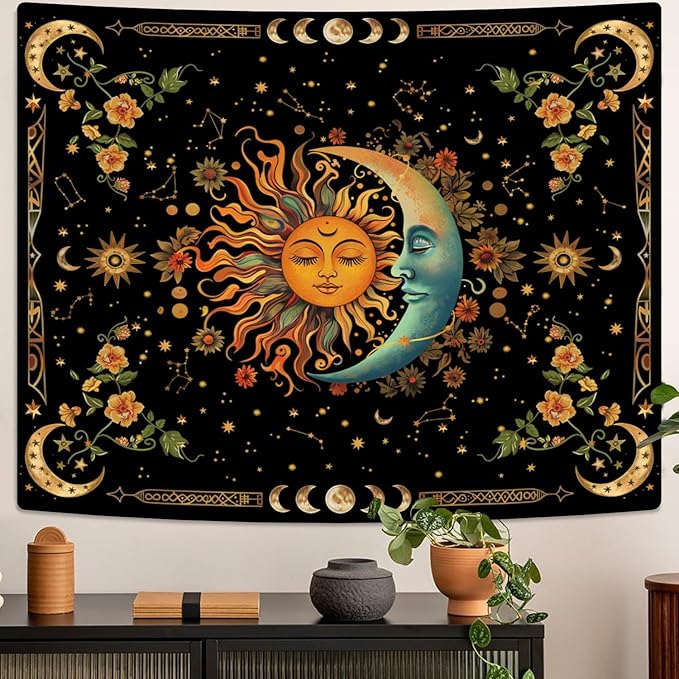 ARTCREATOR Sun and Moon Tapestry Astrology Space Wall Hanging Boho Hippie Floral Plant Tapestries Aesthetic Vintage Mandala Flower Decor for Living Room Bedroom (51" x 59")