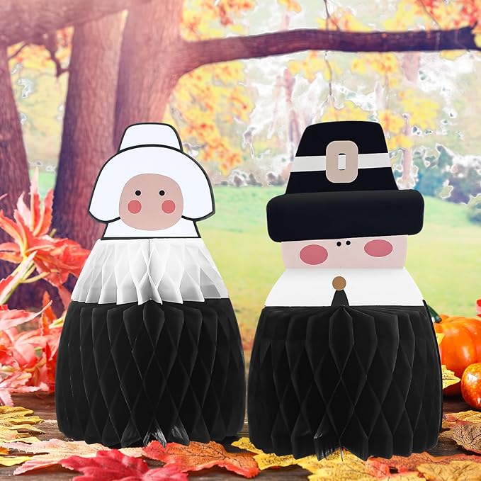 6 Pcs Fall Centerpiece Table Decorations Pilgrimage Couple Centerpiece Thanksgiving Table Decor 3D Paper Pilgrim Honeycomb Standing Decorations for Autumn Harvest Party Kitchen Home Decor