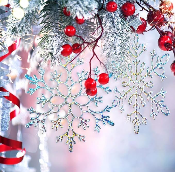 12pcs Large Iridescent Snowflakes Christmas Ornaments-12 Big Plastic Glitter Hanging Snow Flakes for Christmas Tree Decorations Winter Indoor Outdoor Window Home Decor Giant Craft Snowflakes