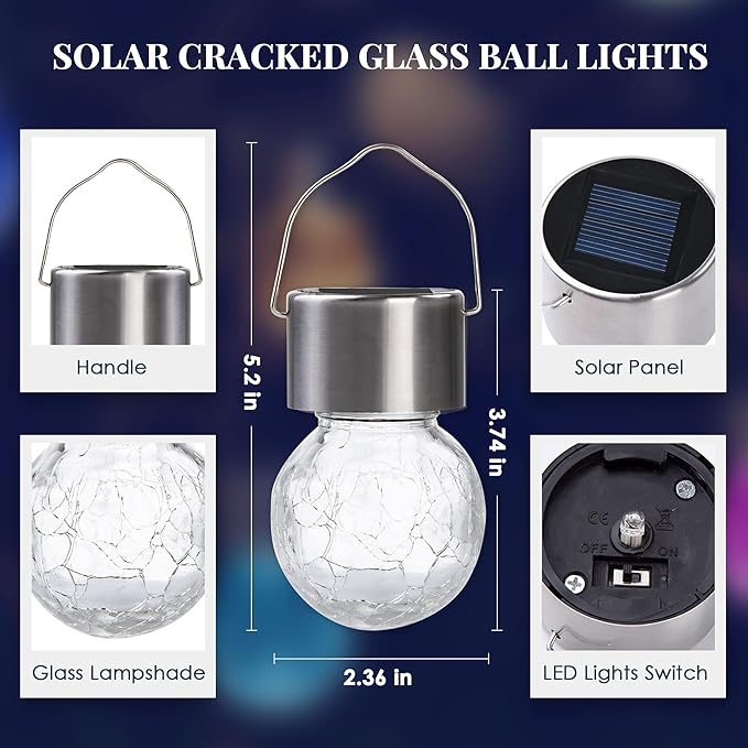 Solpex Hanging Solar Lights Outdoor, 8 Pack Decorative Cracked Glass Ball Light, Solar Powered Waterproof Globe Lighting, Hanging Globe Solar Lights for Garden, Yard, Patio, Lawn, Flower Bed