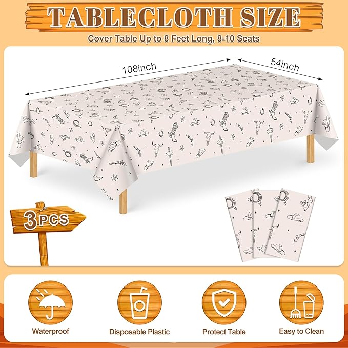 3 Pack Western Cowboy Party Decorations Tablecloth, 54 X 108Inch Rodeo Table Covers Disposable Cowboy Table Cloth Waterproof Tables Cover for Western Rodeo Birthday Party Decor