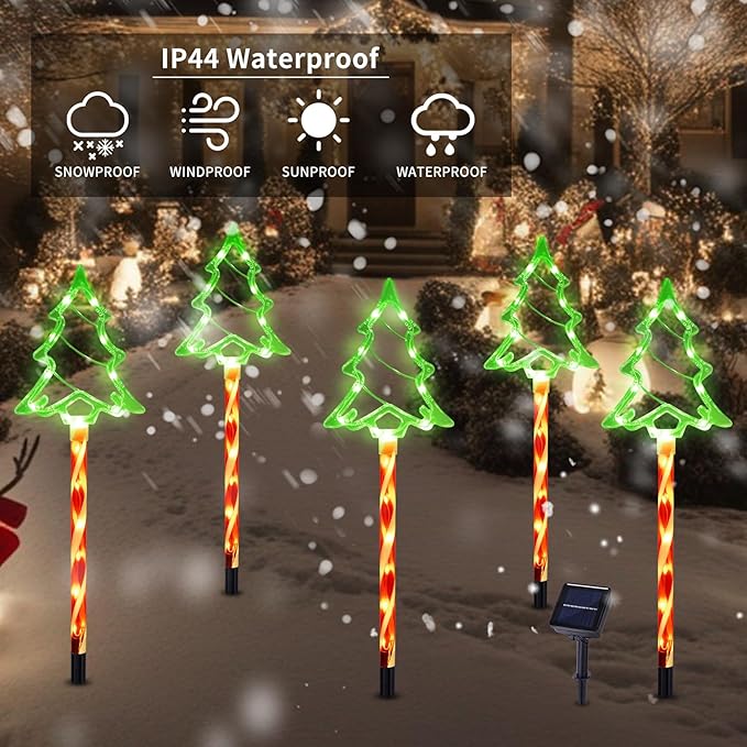 Christmas Solar Pathway Lights Outdoor Decorations, 8 Modes Xmas Tree Candy Lights Waterproof Led Garden Stake Light for Walkway Yard Lawn Porch Holiday Decor 5-Pack (Red Tube Tree, 5 Pack)
