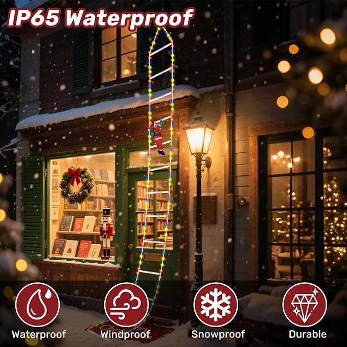 LED Christmas Ladder Lights 10ft with Santa Claus Decorations 2025 Upgrade Decorative Multicolor Lights for Outdoor and Indoor, Window, Garden, Home, Wall, Xmas Tree Decor Waterproof with 8 Modes
