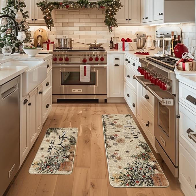 Artoid Mode Holly Ornament Merry Christmas Kitchen Mats Set of 2, Winter Home Decor Low-Profile Kitchen Rugs for Floor - 17x29 and 17x47 Inch