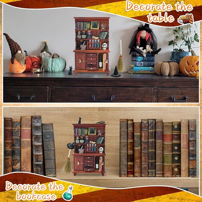Dollhouse Miniatures 1/12 Scale Accessories, Wooden Bookshelf Furniture Set - Magic Bottle&Potion, Witch Frame and Hat, Mini Bookcase, Haunted Dollhouse Halloween Decorations for Kids Gifts